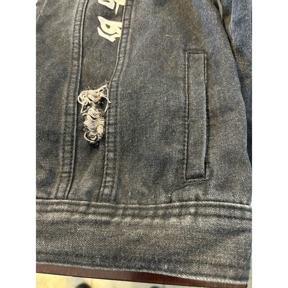 Washed Denim Distress Jean Jacket Men's Mad City Politically Incorrect sz M - Picture 11 of 12